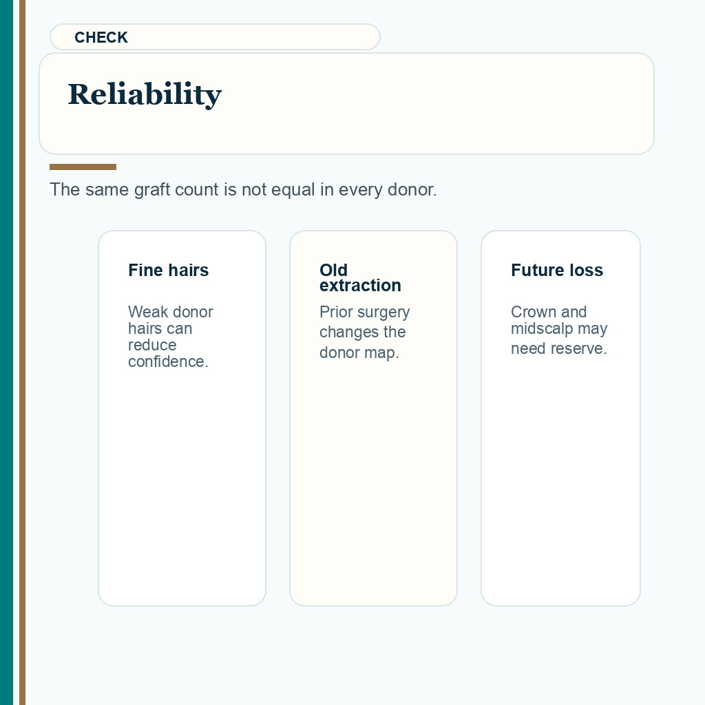 Carousel slide explaining why donor reliability can change the same graft count