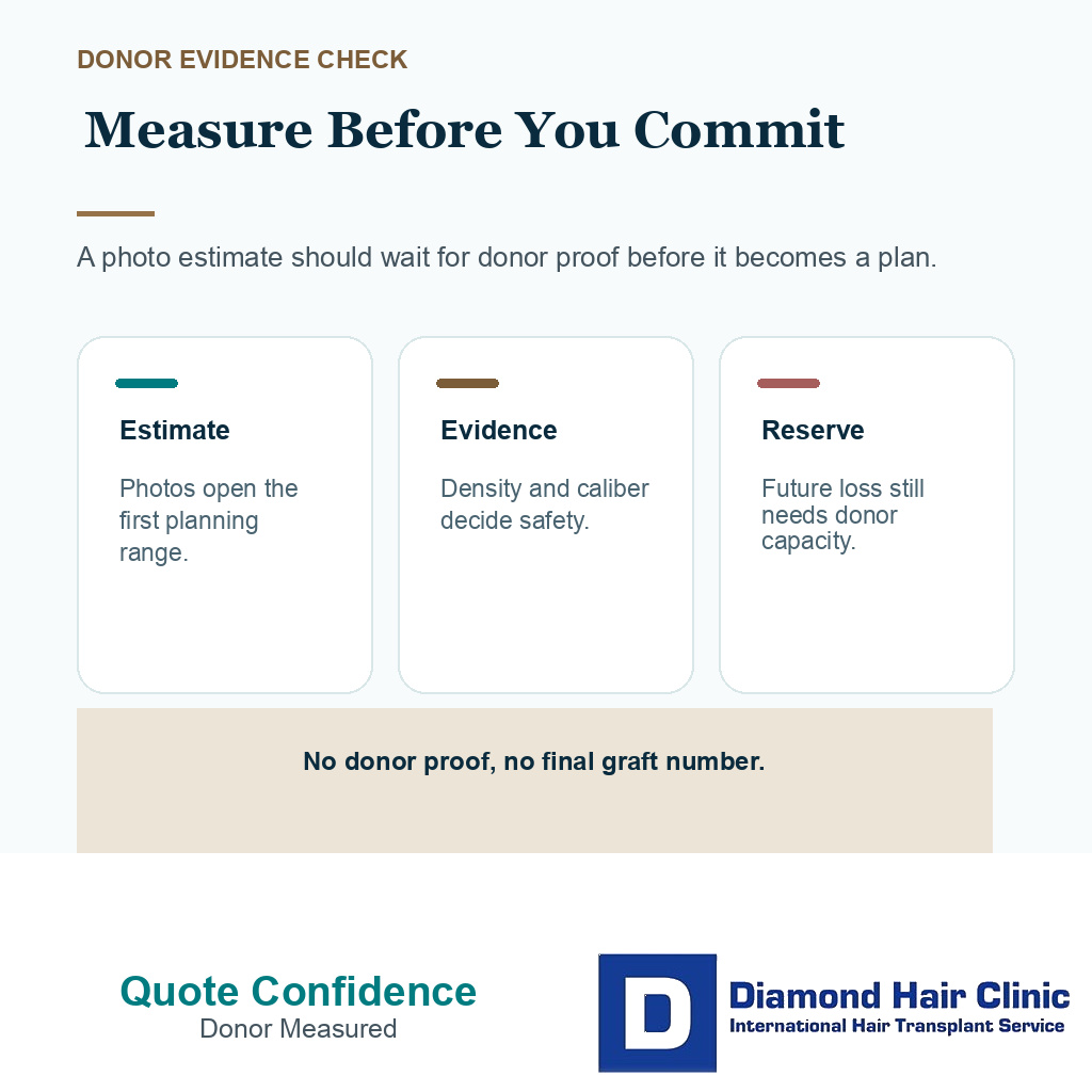FUE graft quote stays provisional until donor measurement confirms the safe planning range