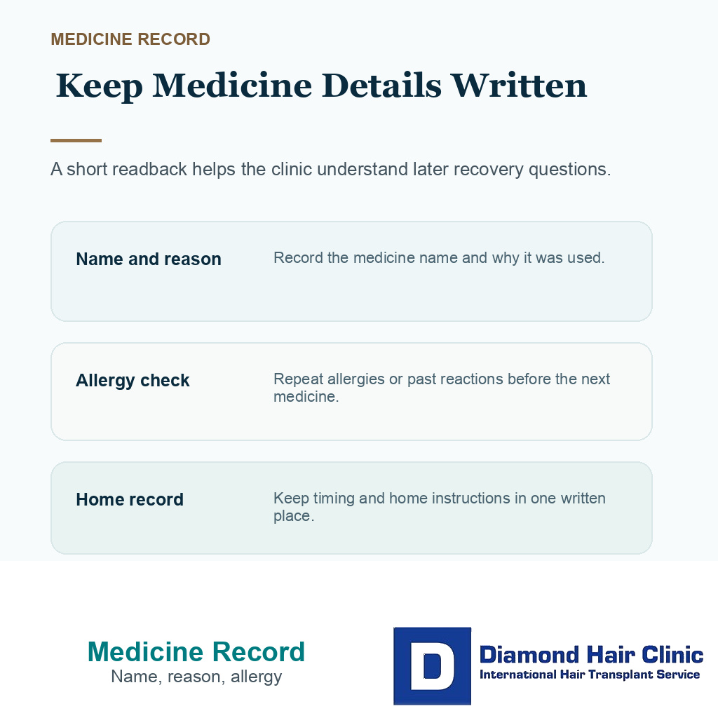 Medicine name reason and written record checks on FUE surgery day