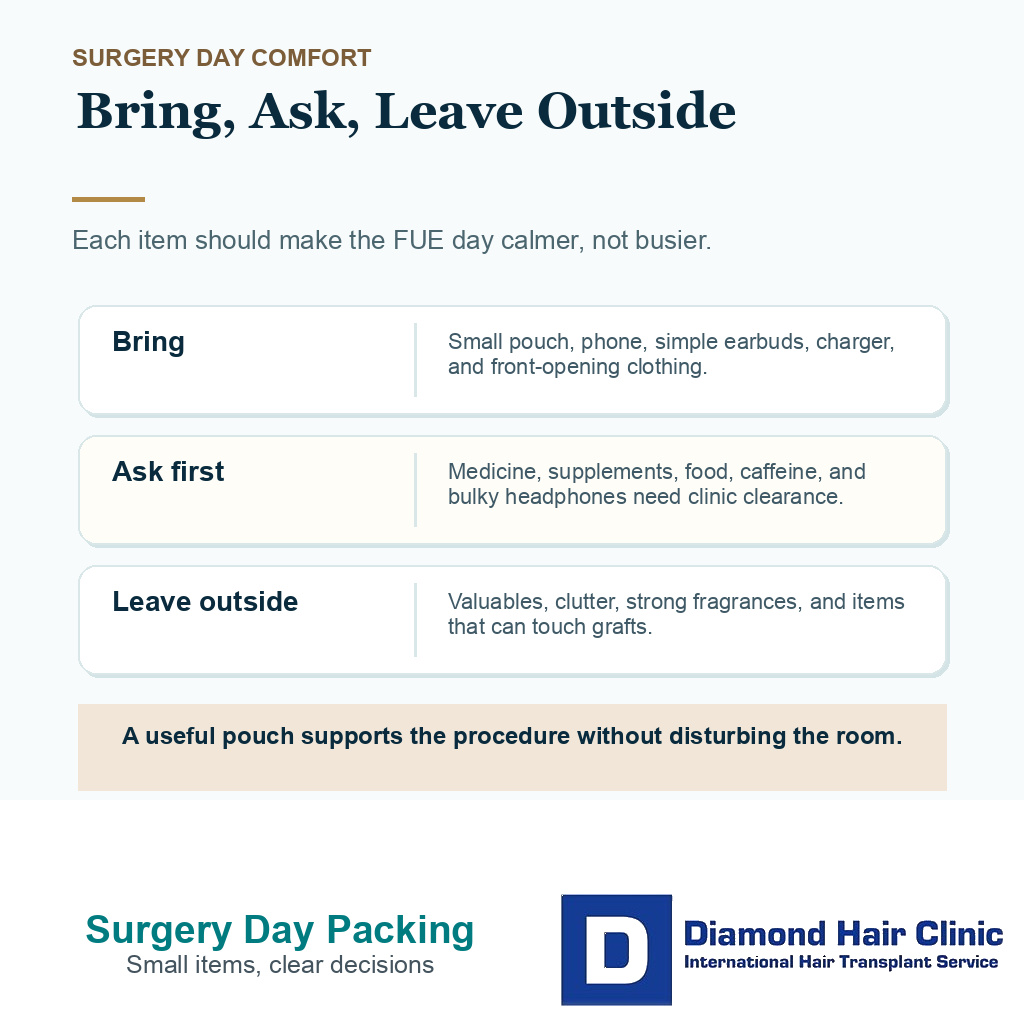 Surgery day comfort pouch items sorted into bring ask first and leave outside