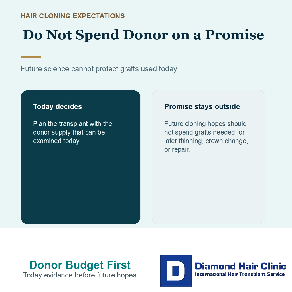 Support card showing four donor planning checks when a patient asks about hair cloning