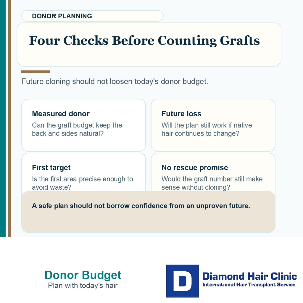 Support card showing four donor planning checks when a patient asks about hair cloning