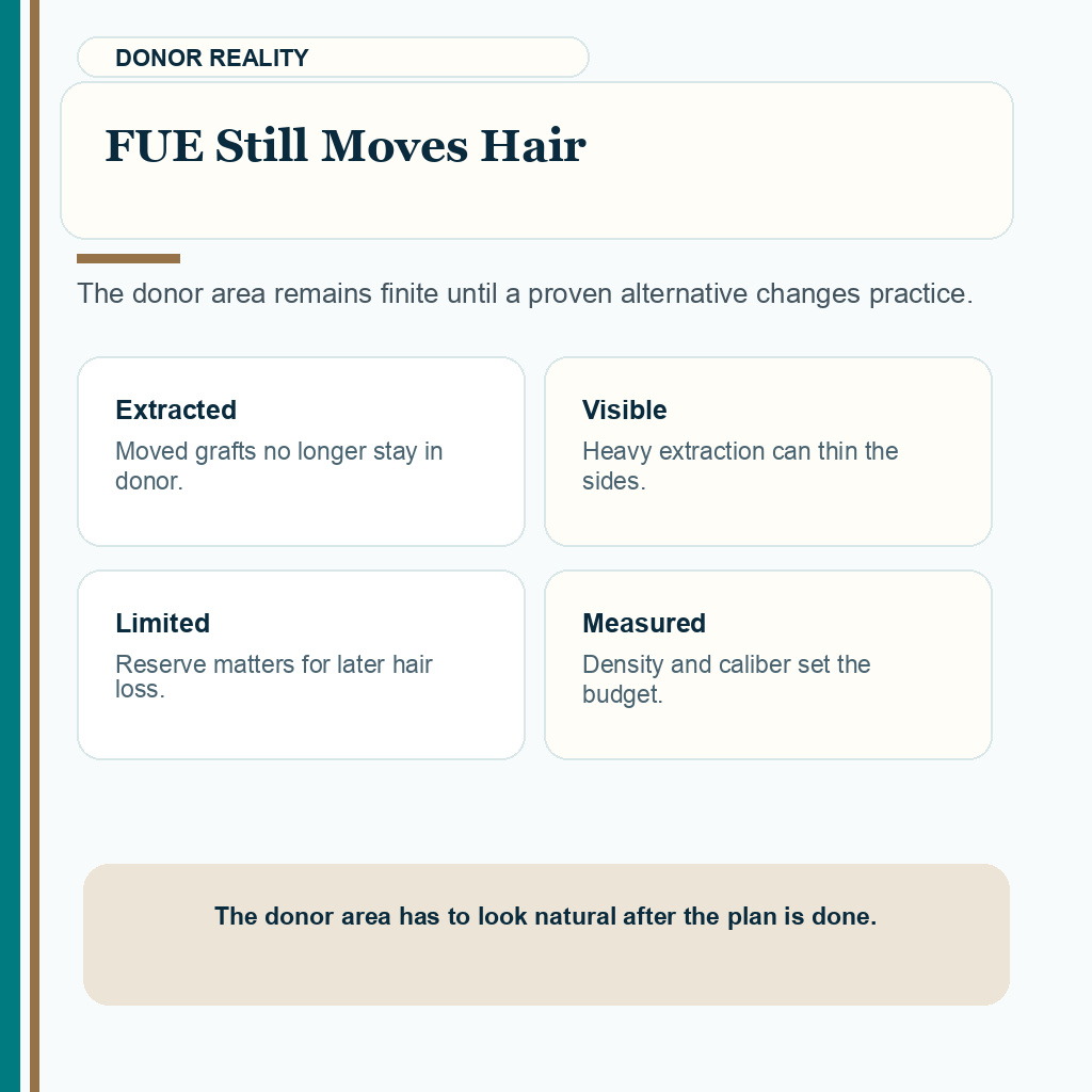 Carousel slide explaining why FUE still moves finite donor hair