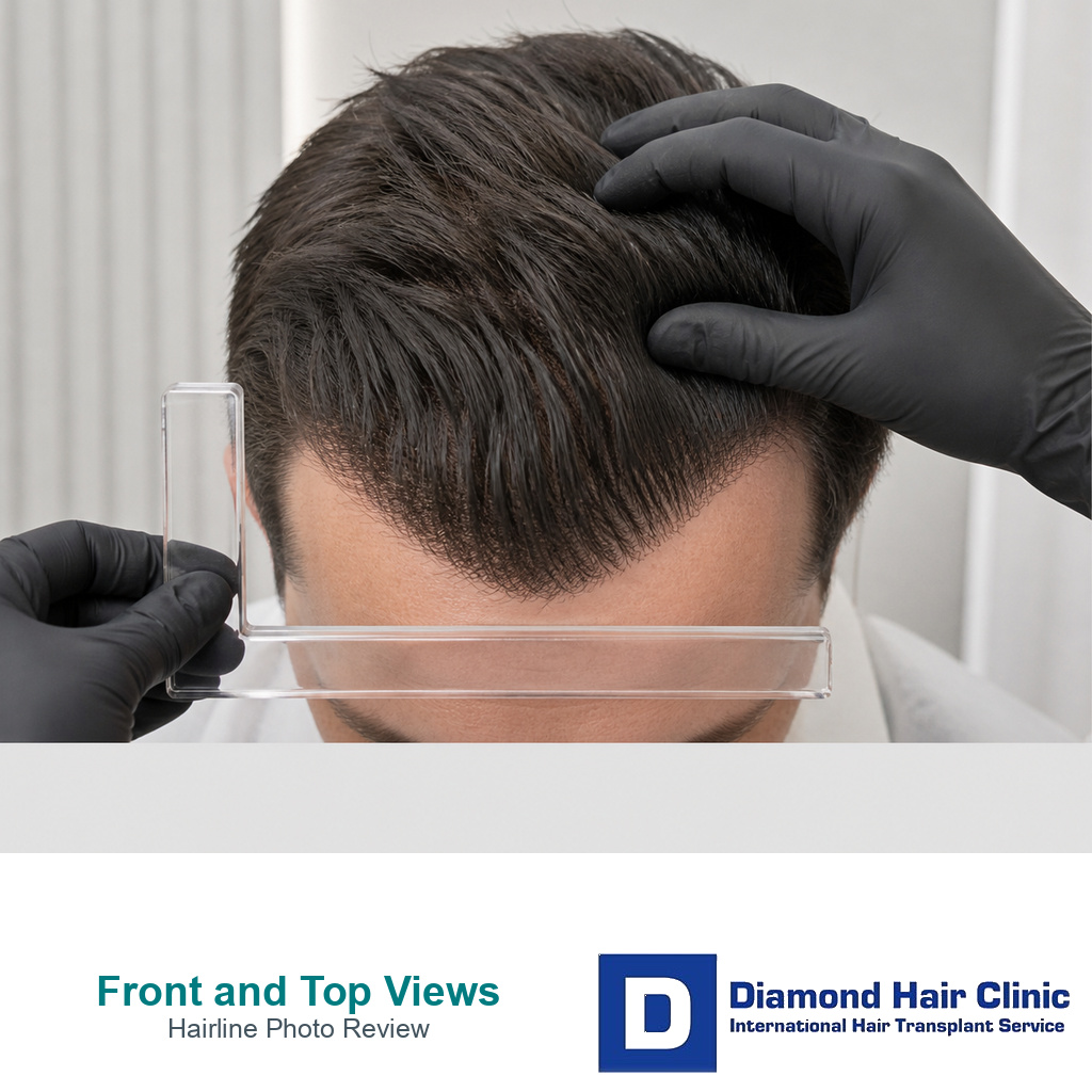 Doctor reviewing a transplanted hairline from front and top views after a hair transplant
