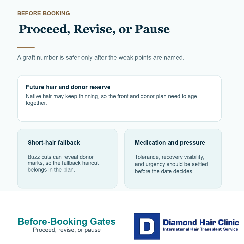 Before booking gates showing future hair loss, donor visibility, medication tolerance, recovery visibility, and pressure before hair transplant surgery