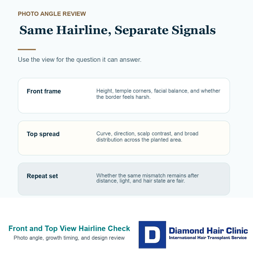 Front, top, and repeat photo signals for reviewing a transplanted hairline