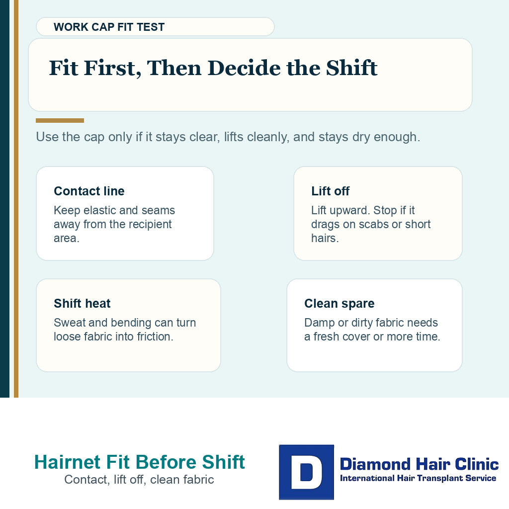 Support card explaining how to check work cap contact line, lift off, shift heat, and clean fabric after FUE.