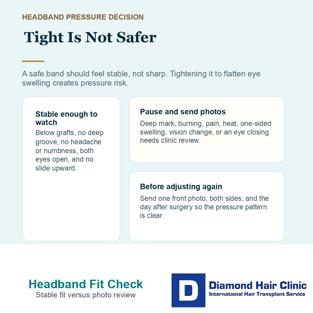 Decision card showing when a headband fit is stable and when tightness or eye swelling should be sent to the clinic for photo review after FUE