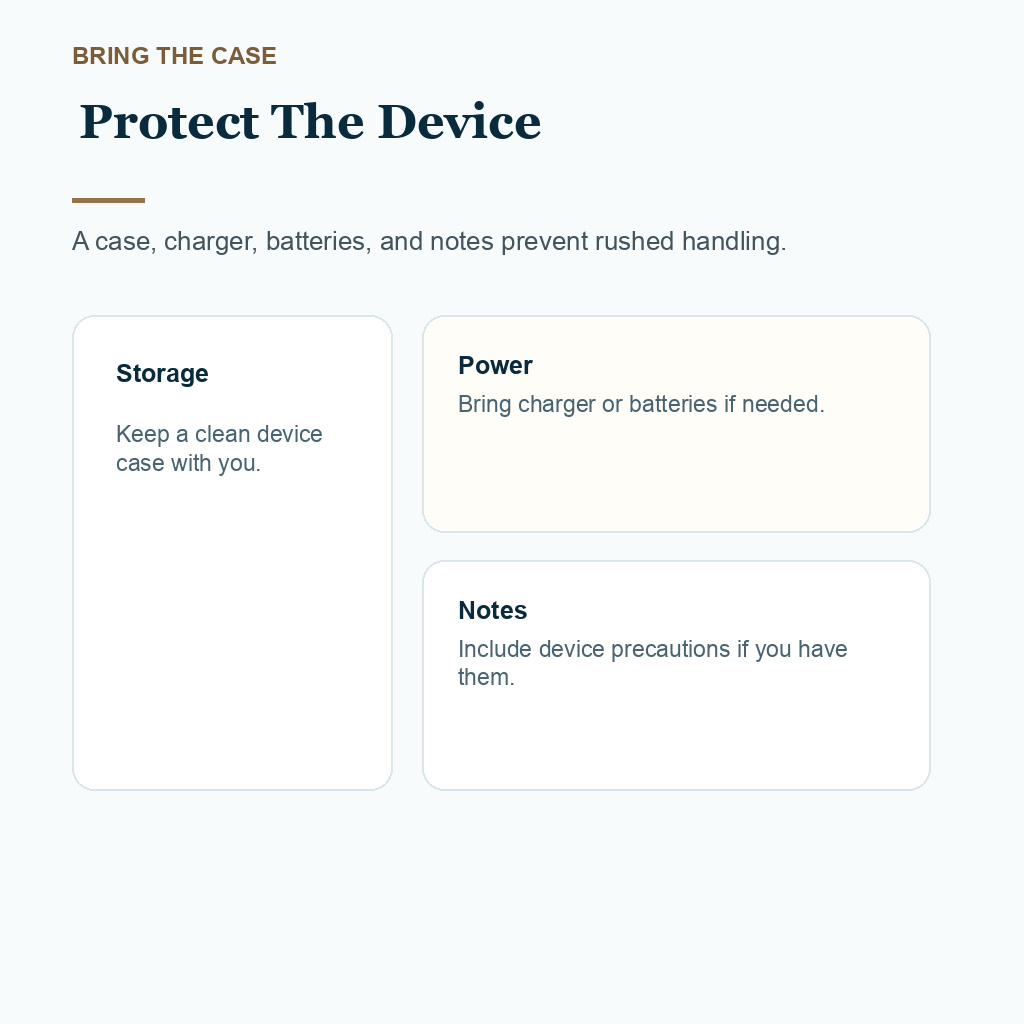 Carousel slide about bringing a hearing device case charger batteries and notes for FUE