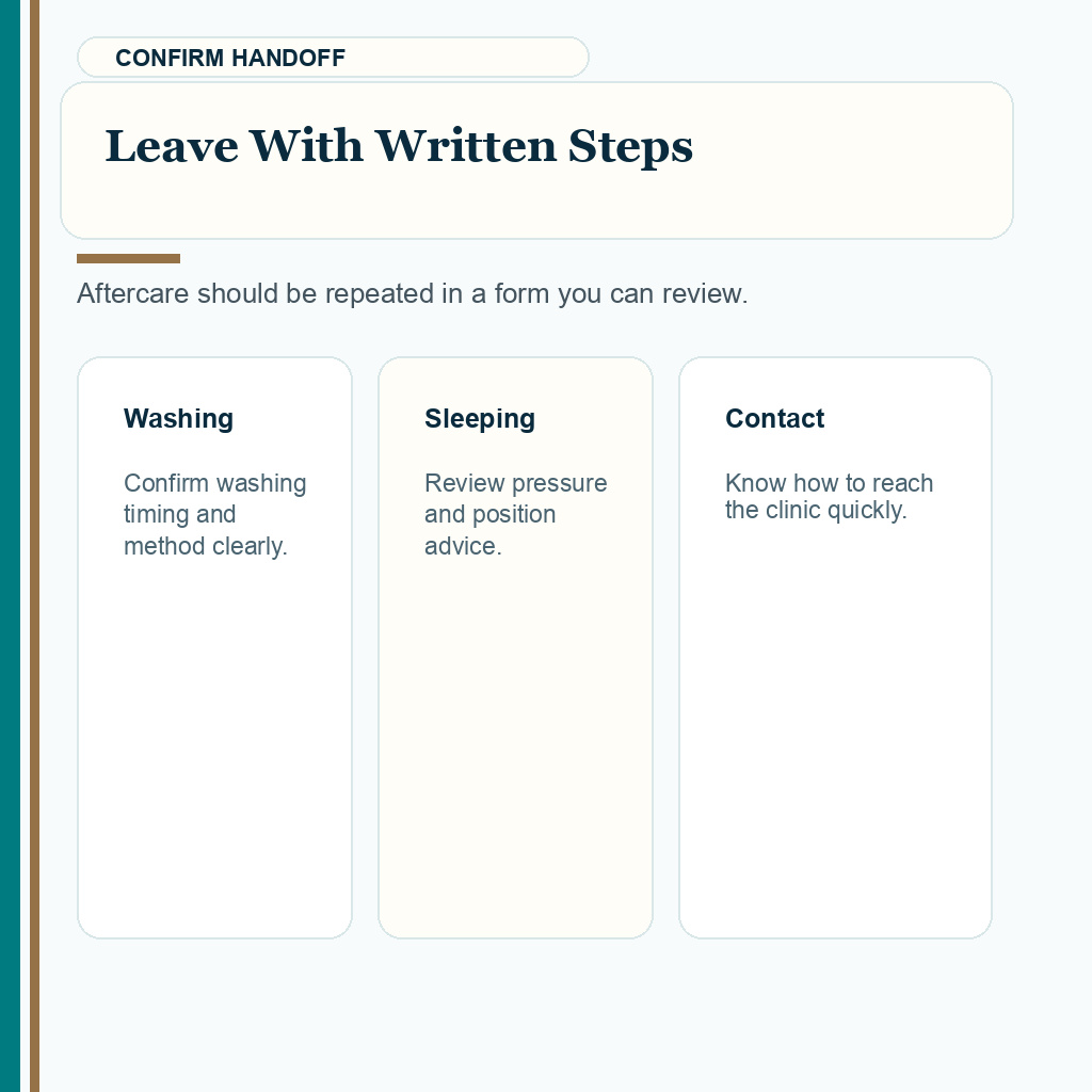 Carousel slide about confirming written aftercare instructions after FUE