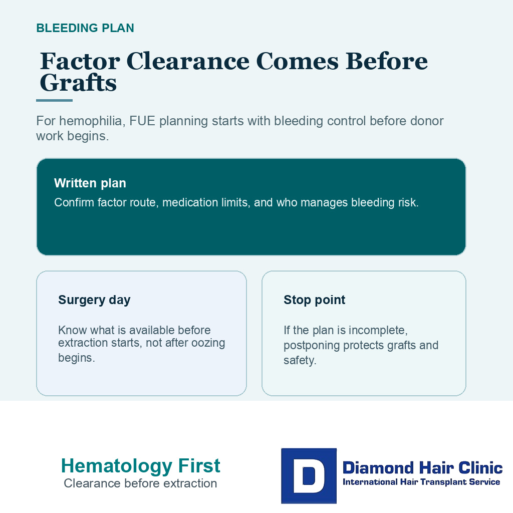 Factor record bleeding history medicines pressure checks and contact route before FUE