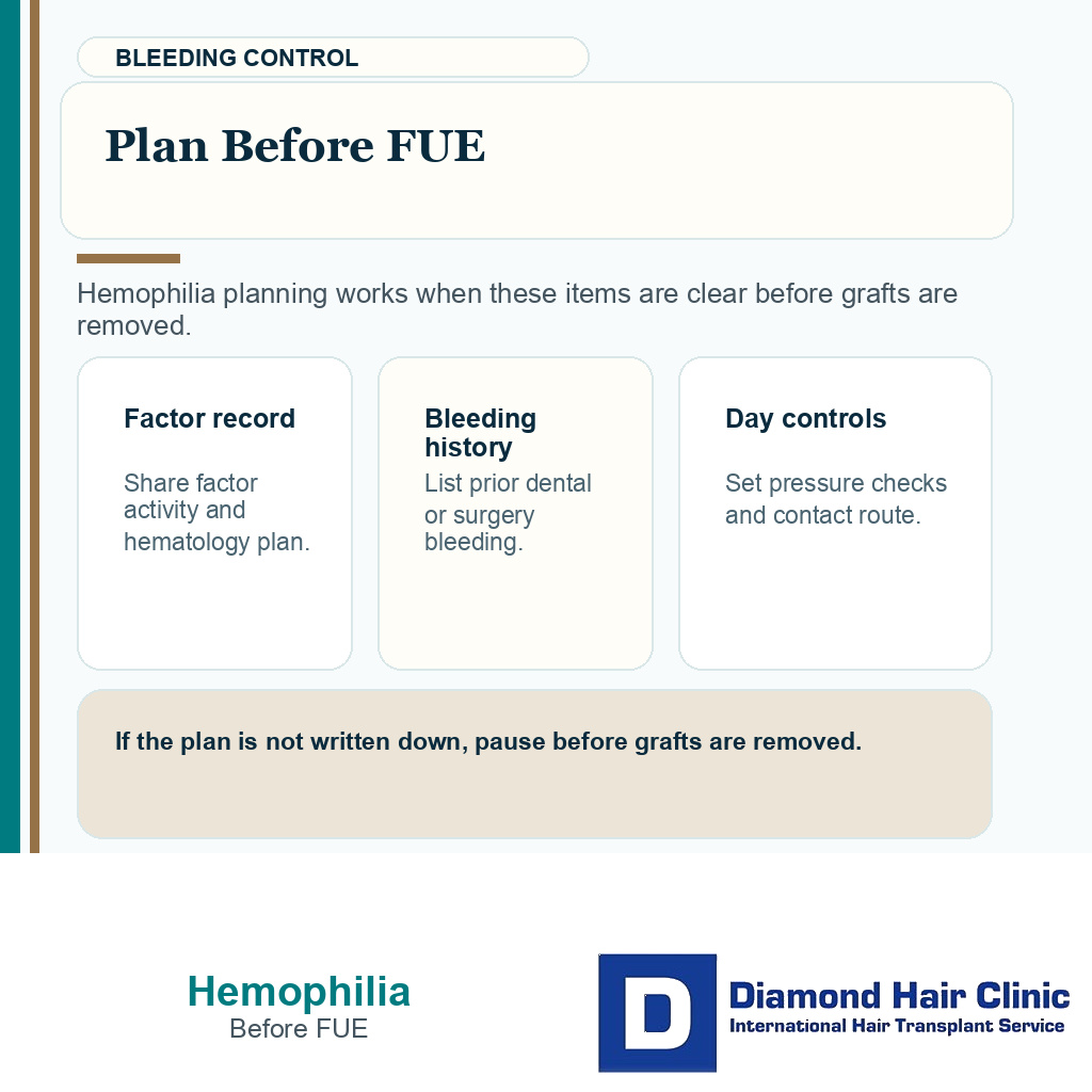 Factor record bleeding history medicines pressure checks and contact route before FUE