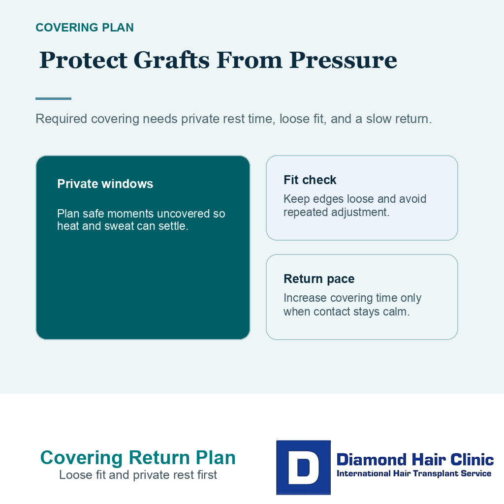 Fit fabric timing and private rest checks for required head covering after FUE