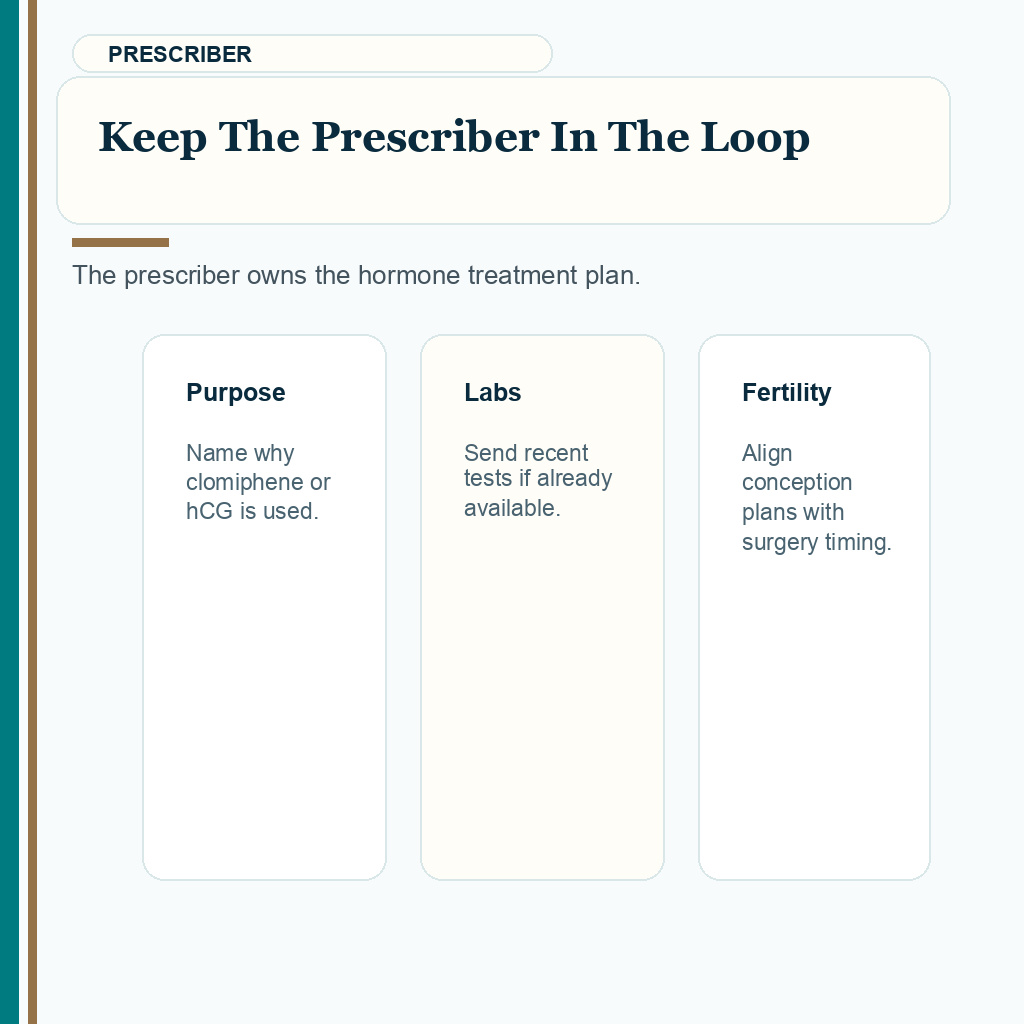 Carousel slide about prescriber context for clomiphene or hCG before FUE