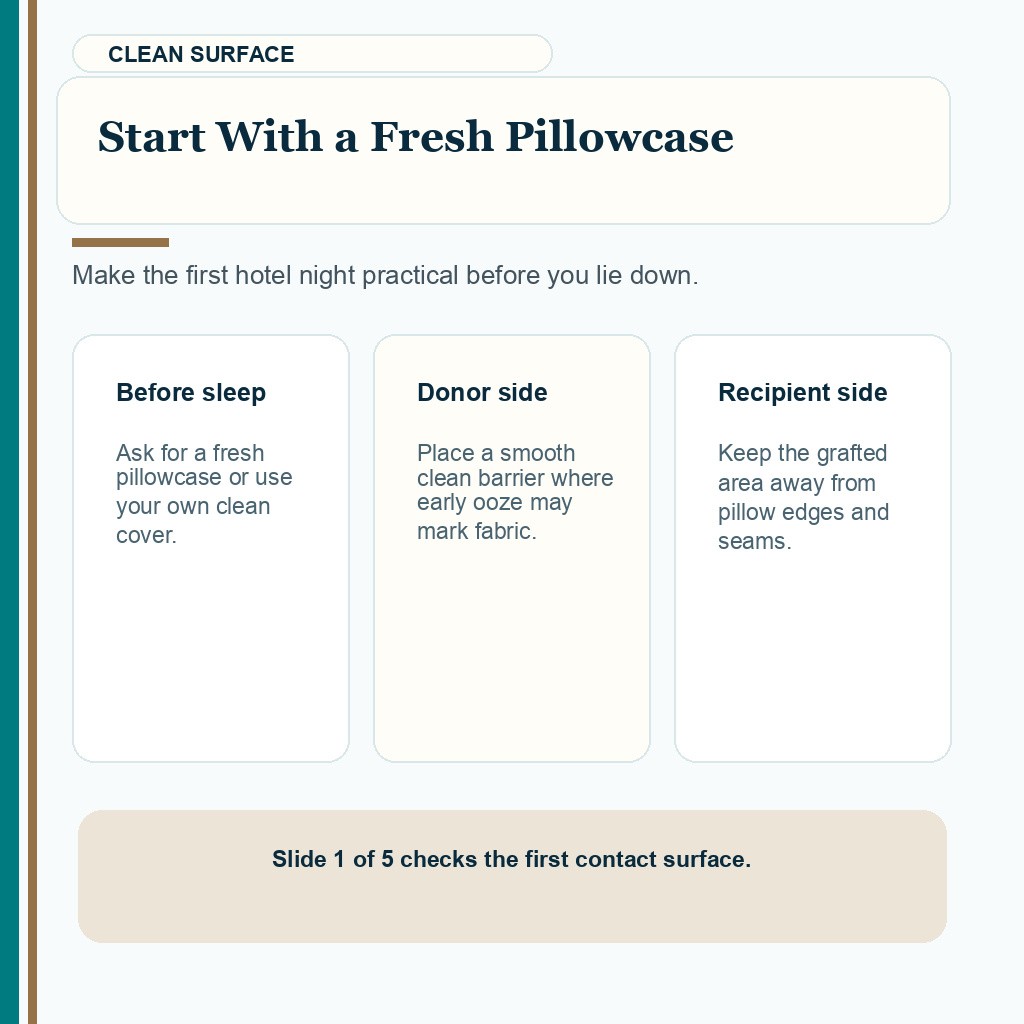 Carousel slide about start with a fresh pillowcase for clean hotel contact after FUE.