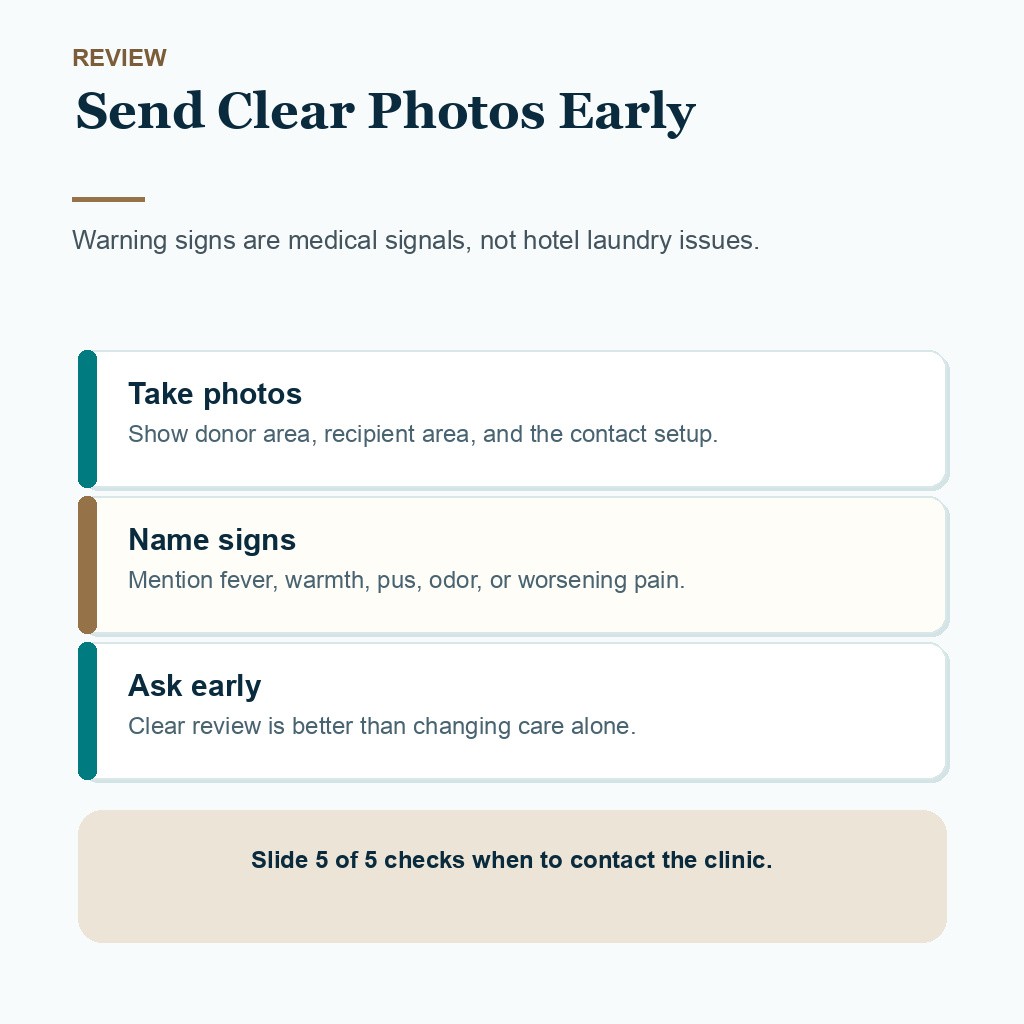 Carousel slide about send clear photos early for clean hotel contact after FUE.