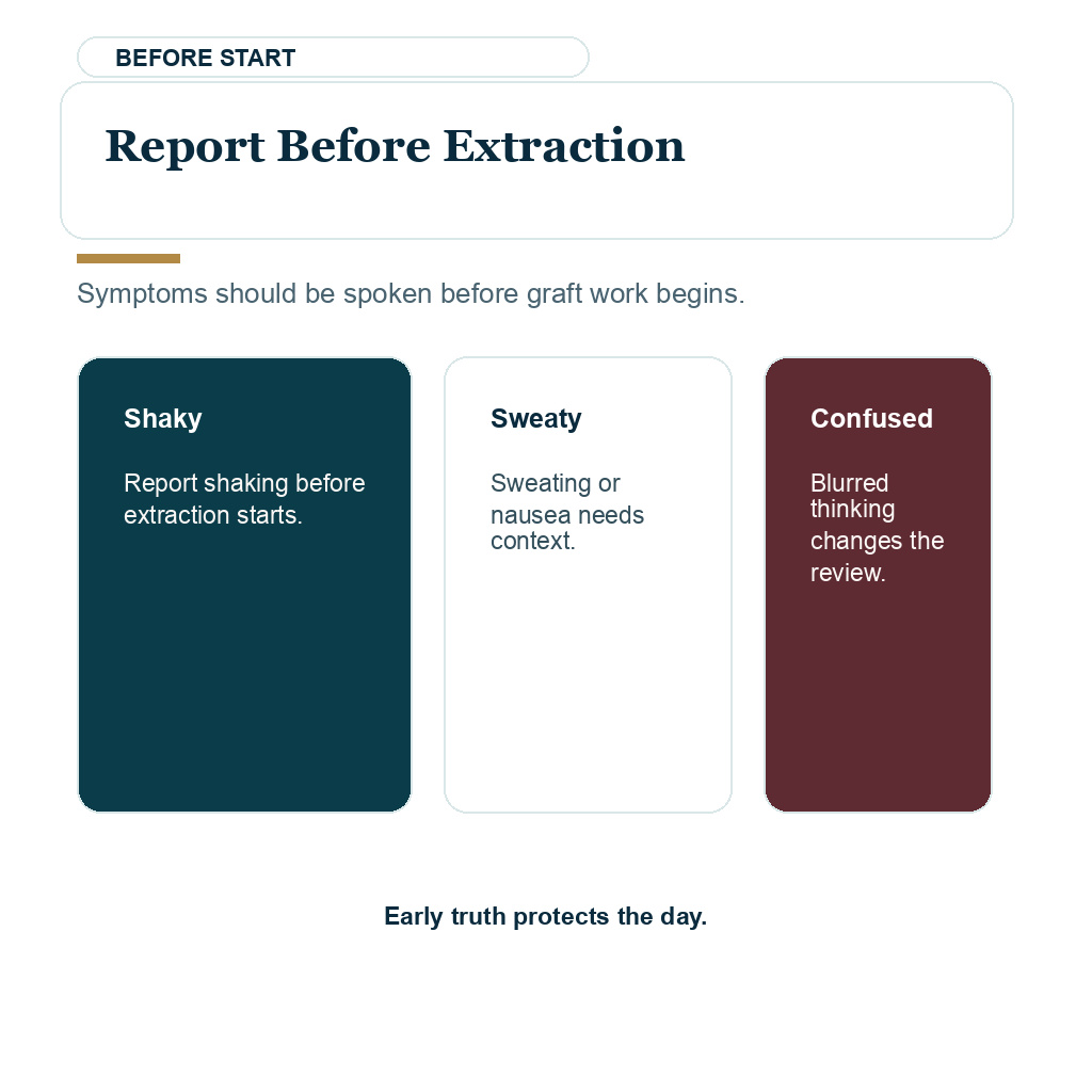 Shakiness or faintness before extraction should be reported before the procedure continues