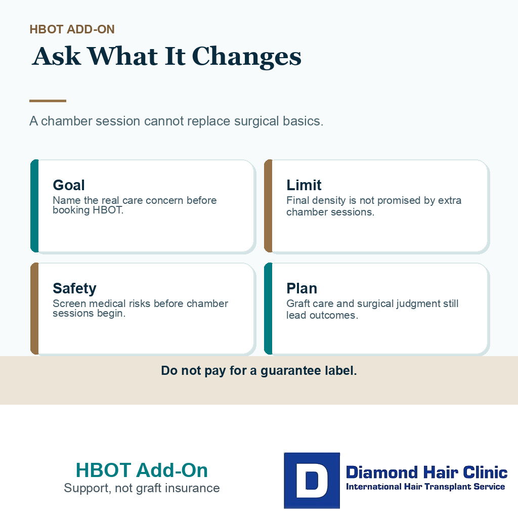 Diamond Hair Clinic support card explaining hyperbaric oxygen as optional support rather than a graft guarantee