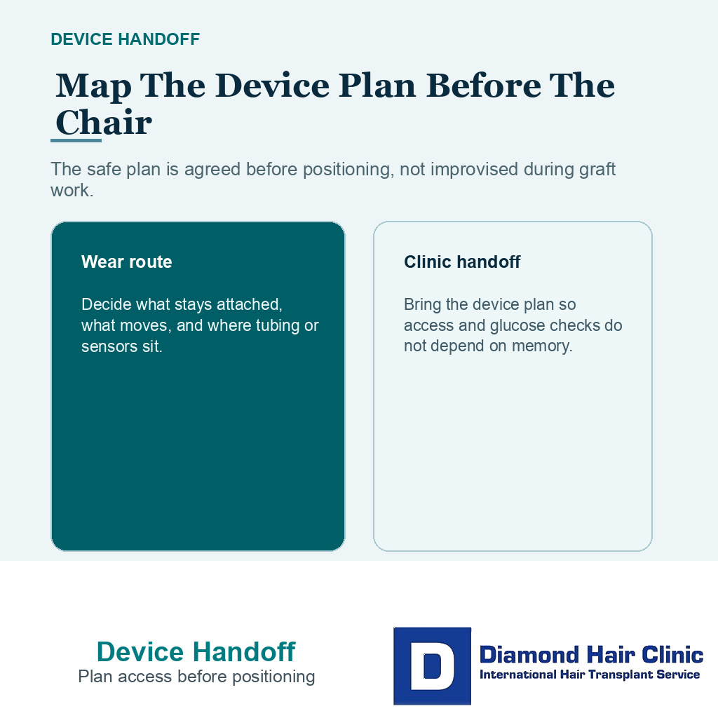 Device route visual for pump CGM placement receiver access glucose checks and pause triggers during FUE