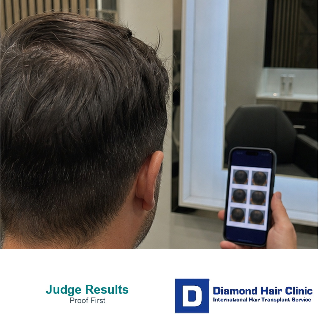 Non identifiable patient reviewing abstract result tiles before choosing a hair transplant clinic