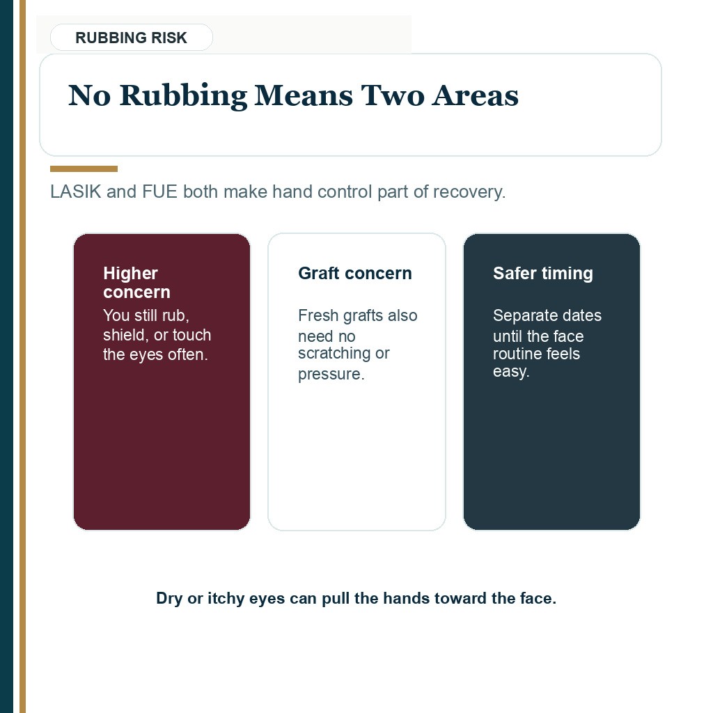 LASIK and hair transplant timing guidance about avoiding eye rubbing and graft rubbing overlap.