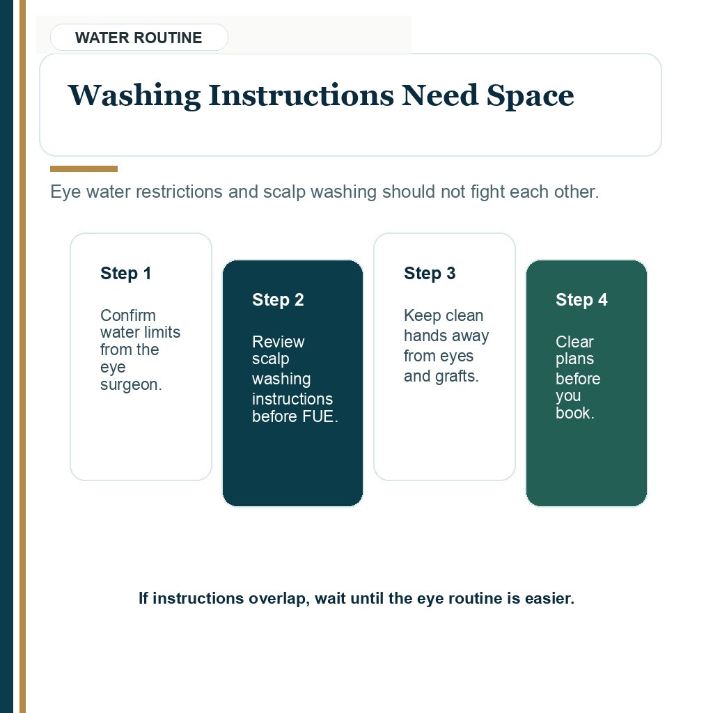 LASIK and hair transplant timing guidance about separating eye water restrictions and scalp washing.