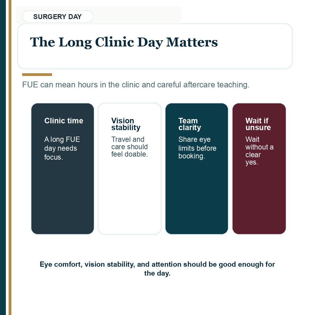 LASIK and hair transplant timing guidance about waiting until vision comfort supports a long FUE clinic day.