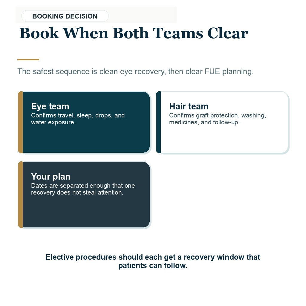 LASIK and hair transplant timing guidance about booking after both eye and hair teams clear the plan.