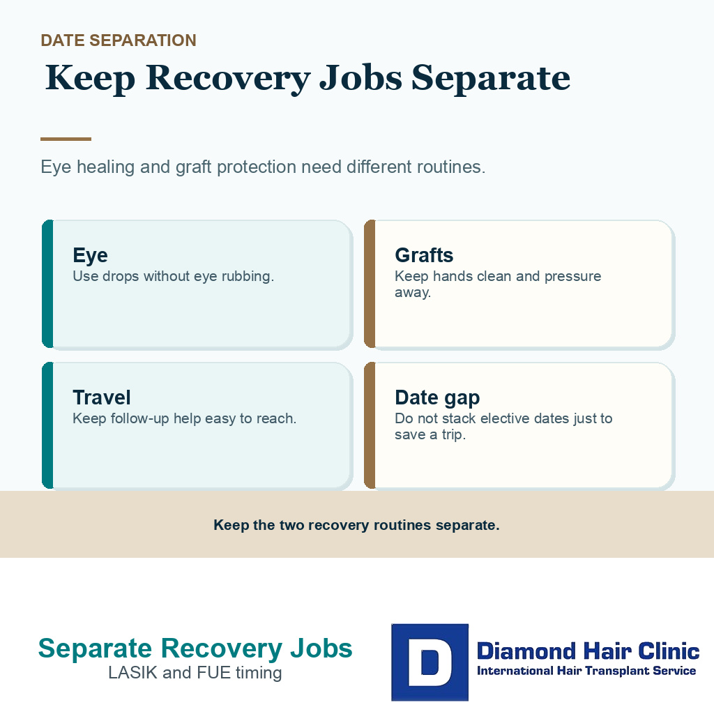 Diamond Hair Clinic support card comparing eye recovery and graft recovery timing after LASIK and FUE