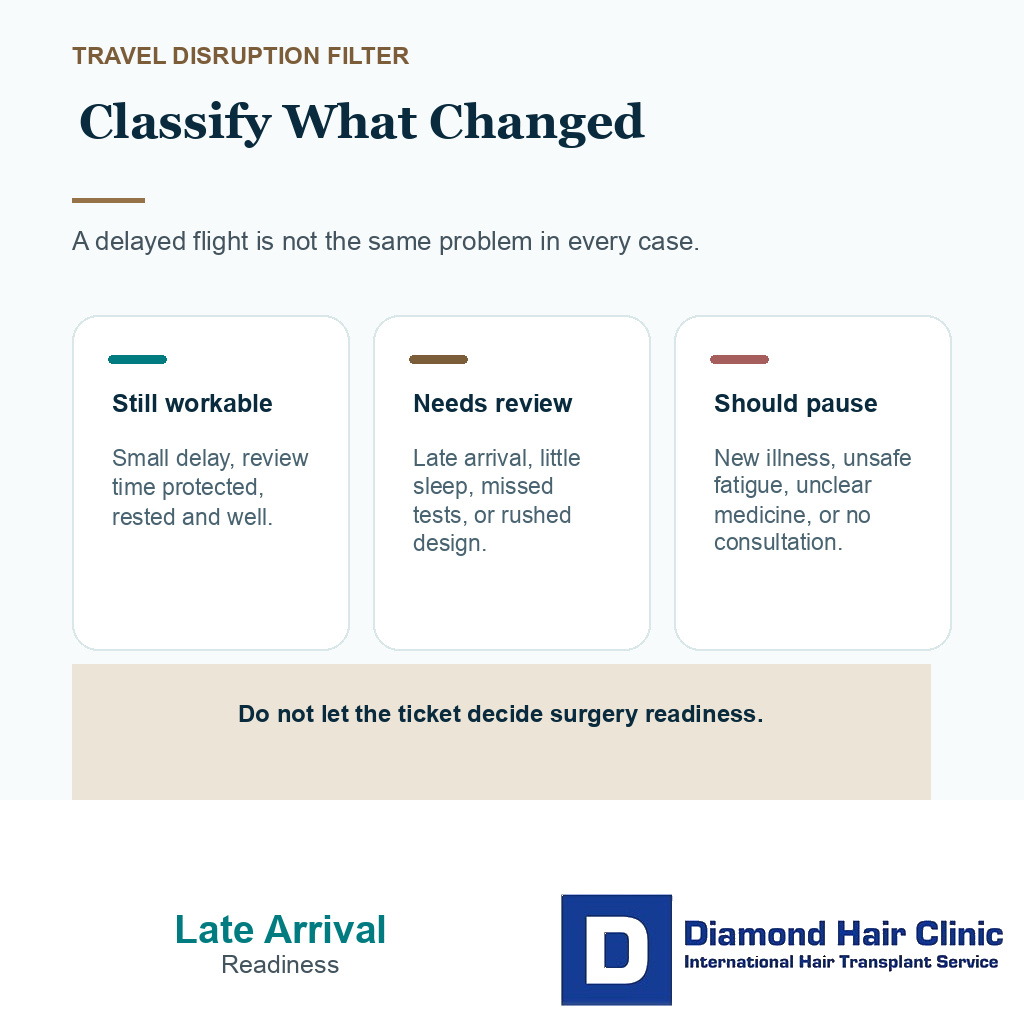 Support visual showing still workable, needs review, and should pause signals after late arrival before FUE