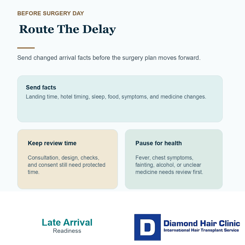 Late arrival readiness signals before FUE surgery day