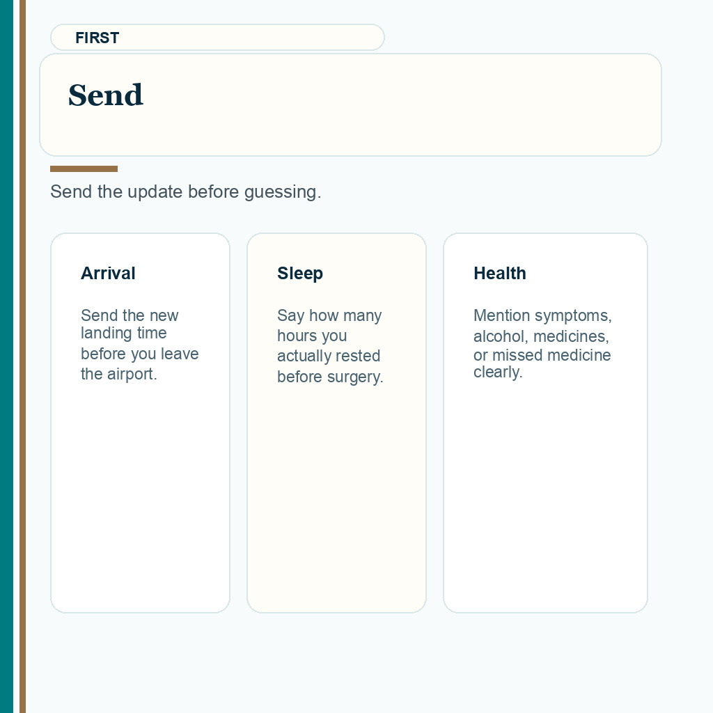 Carousel slide about sending updated arrival, sleep, and health details after a flight delay before FUE