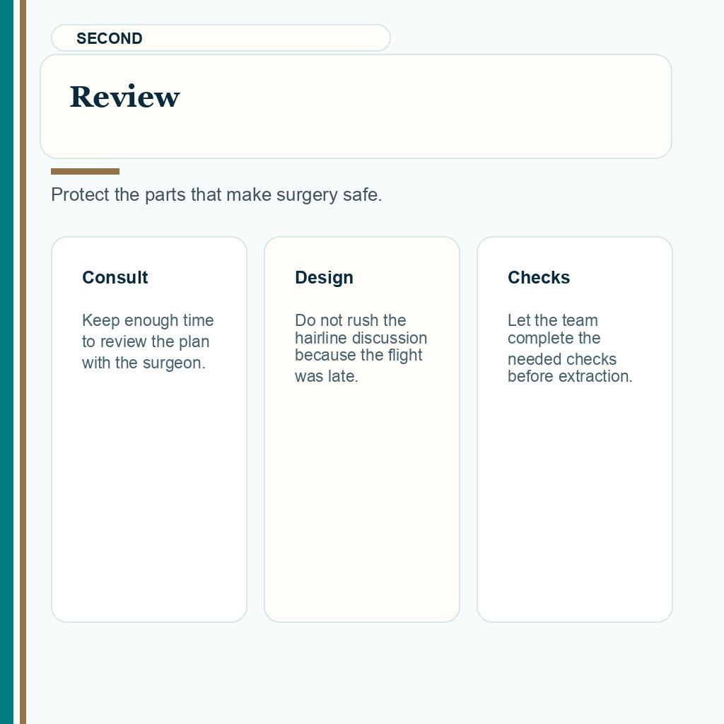 Carousel slide about protecting consultation, design, and checks after late arrival before FUE