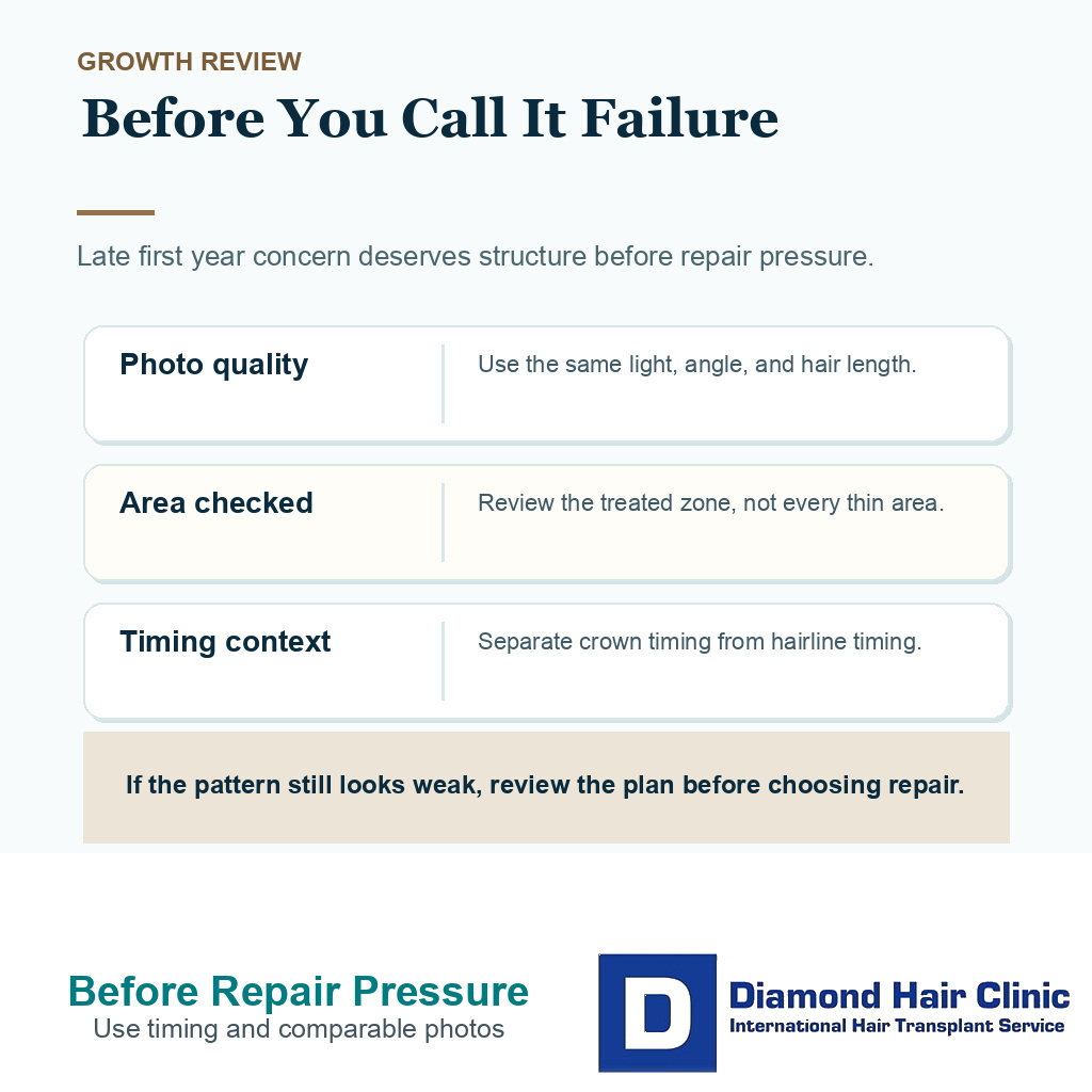 Support card for checking photo quality, treated area, and timing before judging hair transplant failure.