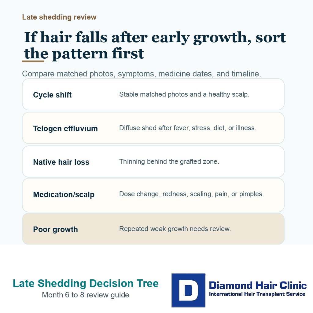 Decision tree for month 6 to 8 shedding after FUE, separating cycle shift, telogen effluvium, native hair loss, medication or scalp issues, and poor growth review.