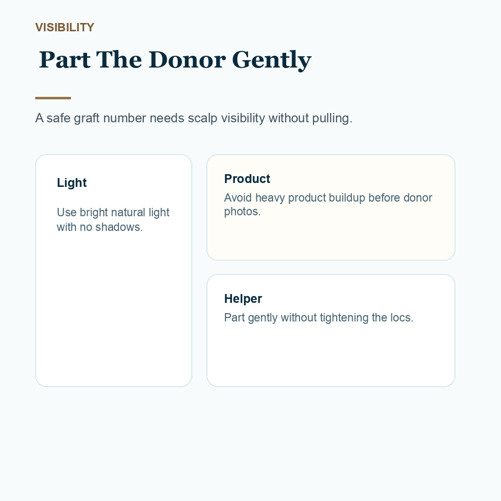 Carousel slide about gently parting the donor area for locs hair transplant planning