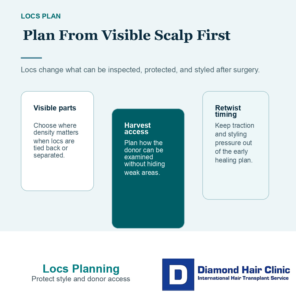 Support card showing visibility tension and retwist timing for locs before FUE