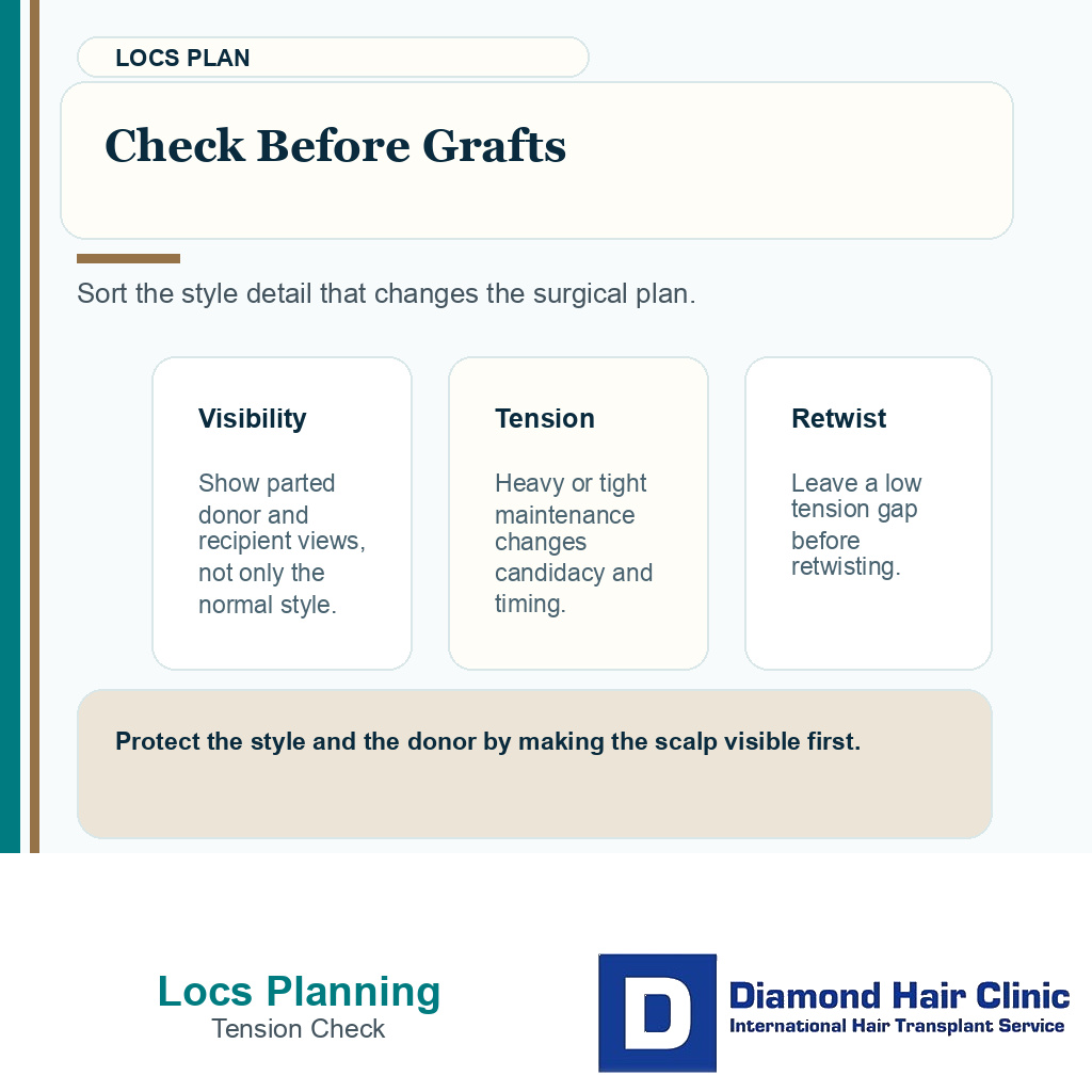 Support card showing visibility tension and retwist timing for locs before FUE