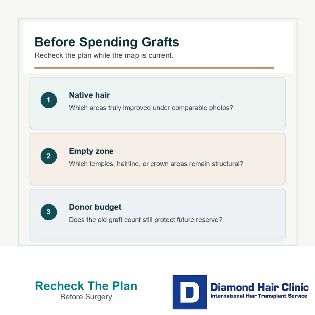 Plan recheck visual showing native hair empty zone and donor budget after medication improvement