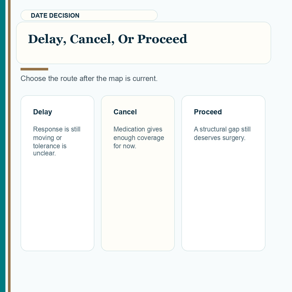 Carousel slide about deciding whether to delay cancel or proceed after medication response