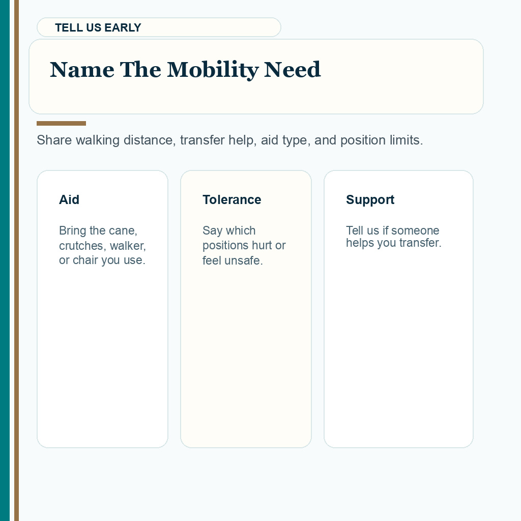 Carousel slide about telling the clinic early about mobility limits before FUE