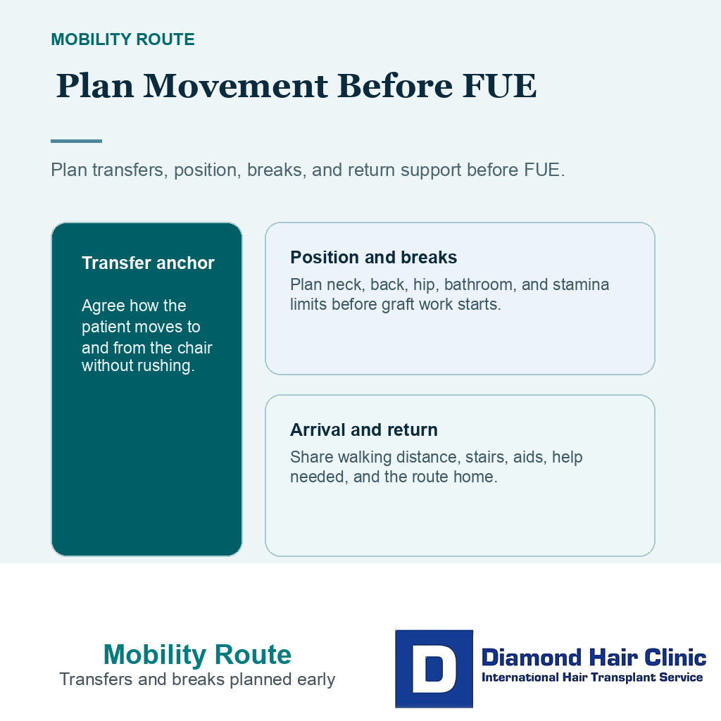 Arrival transfer position breaks and return route before FUE