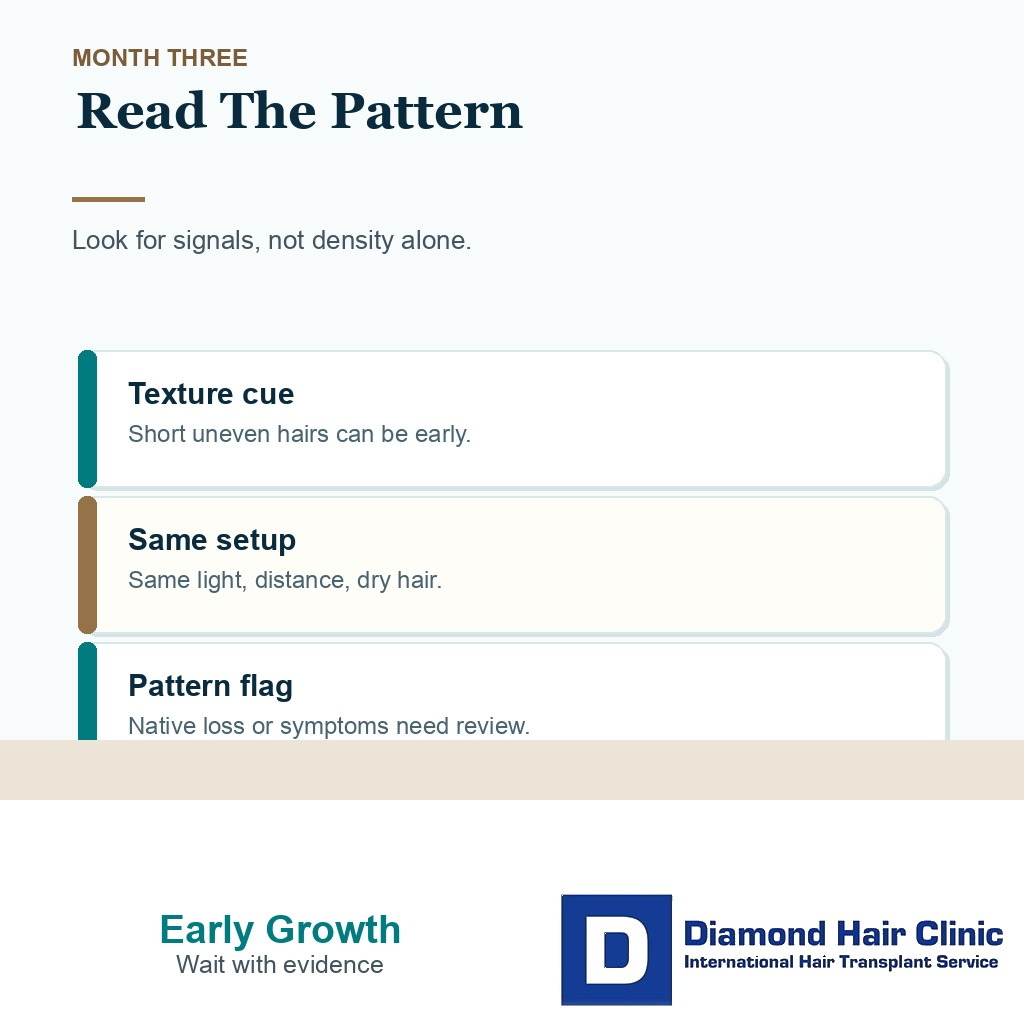 Month three FUE growth checkpoint with photo trend, scalp comfort, and early hair signals