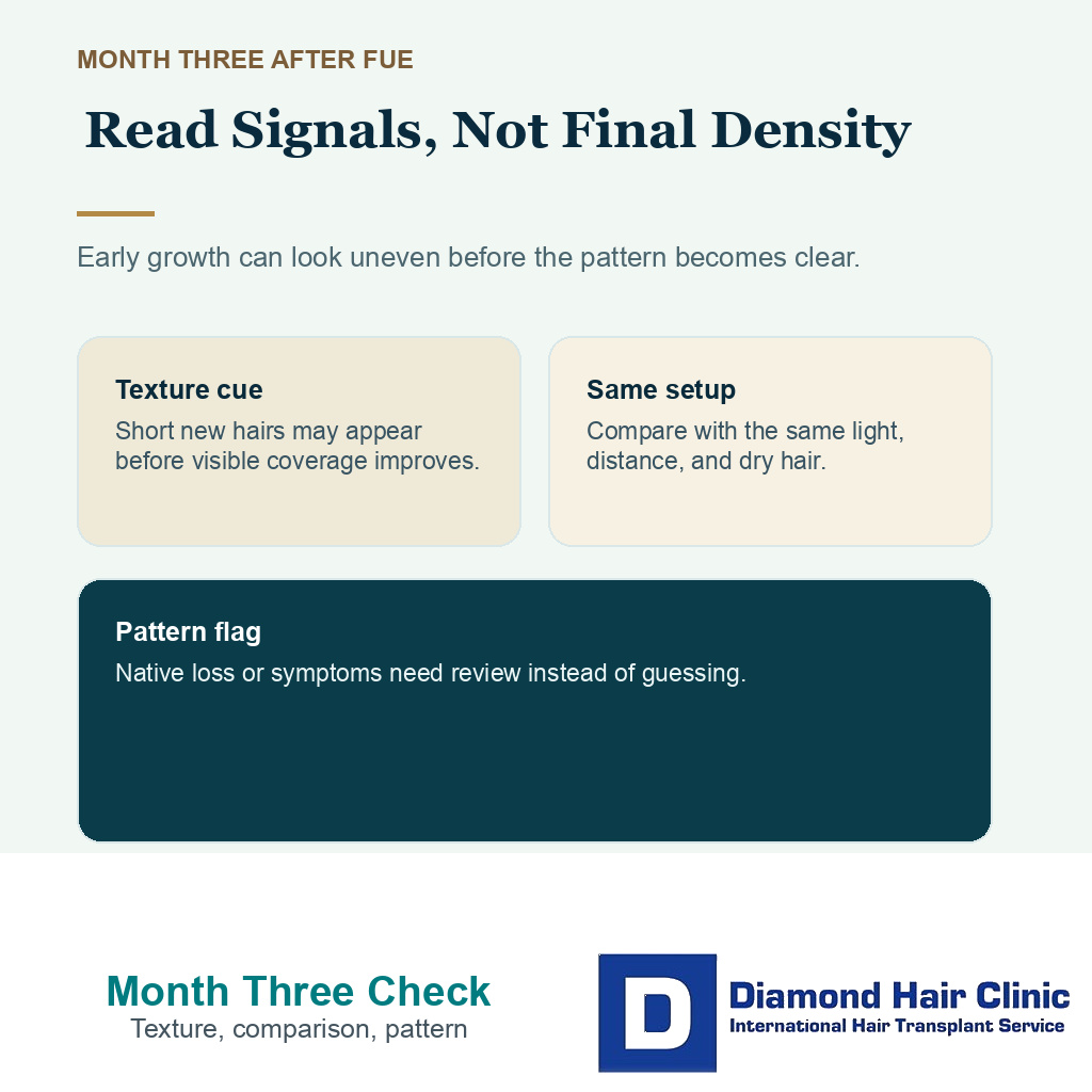 Month three FUE growth checkpoint with photo trend, scalp comfort, and early hair signals