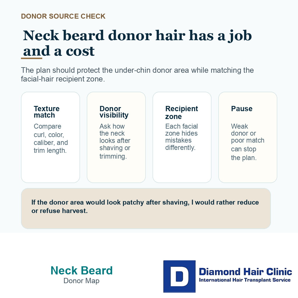 Neck beard donor planning map showing texture match donor visibility recipient zone and when to pause