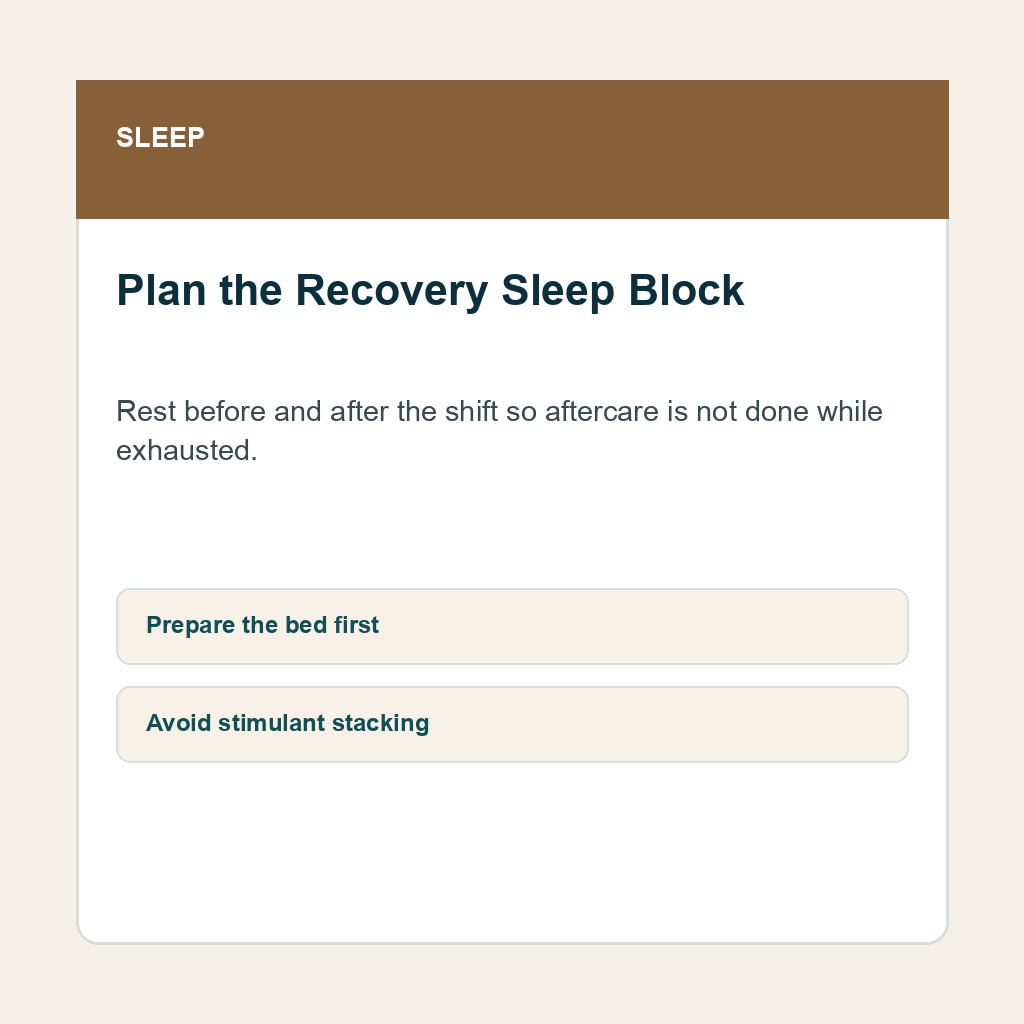 Night shift carousel slide 2 showing Rest before and after the shift so aftercare is not done while exhausted.