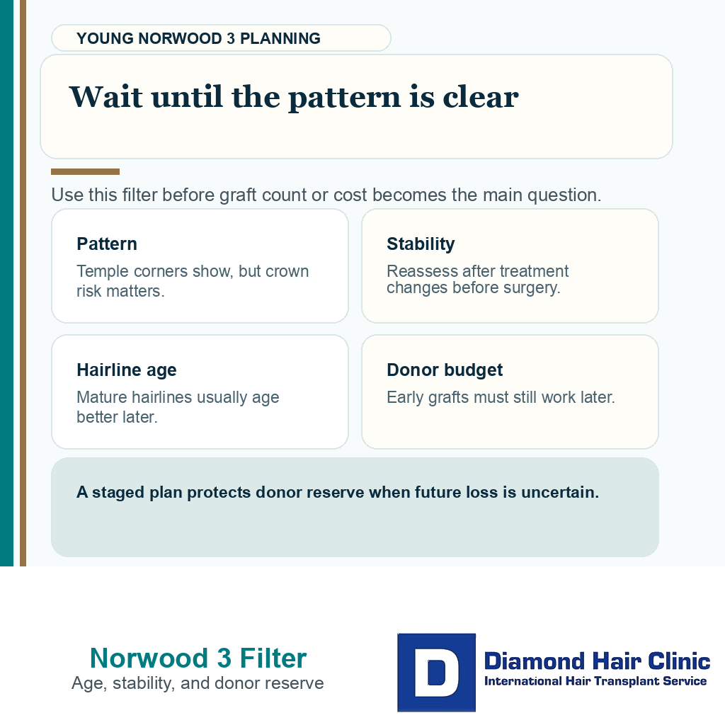 Decision filter for young Norwood 3 hair transplant planning with stability, hairline age, and donor reserve checks