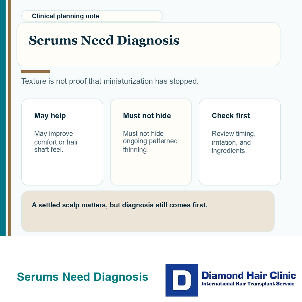 Carousel slide explaining that peptide serums may support comfort but do not prove miniaturization has stopped.