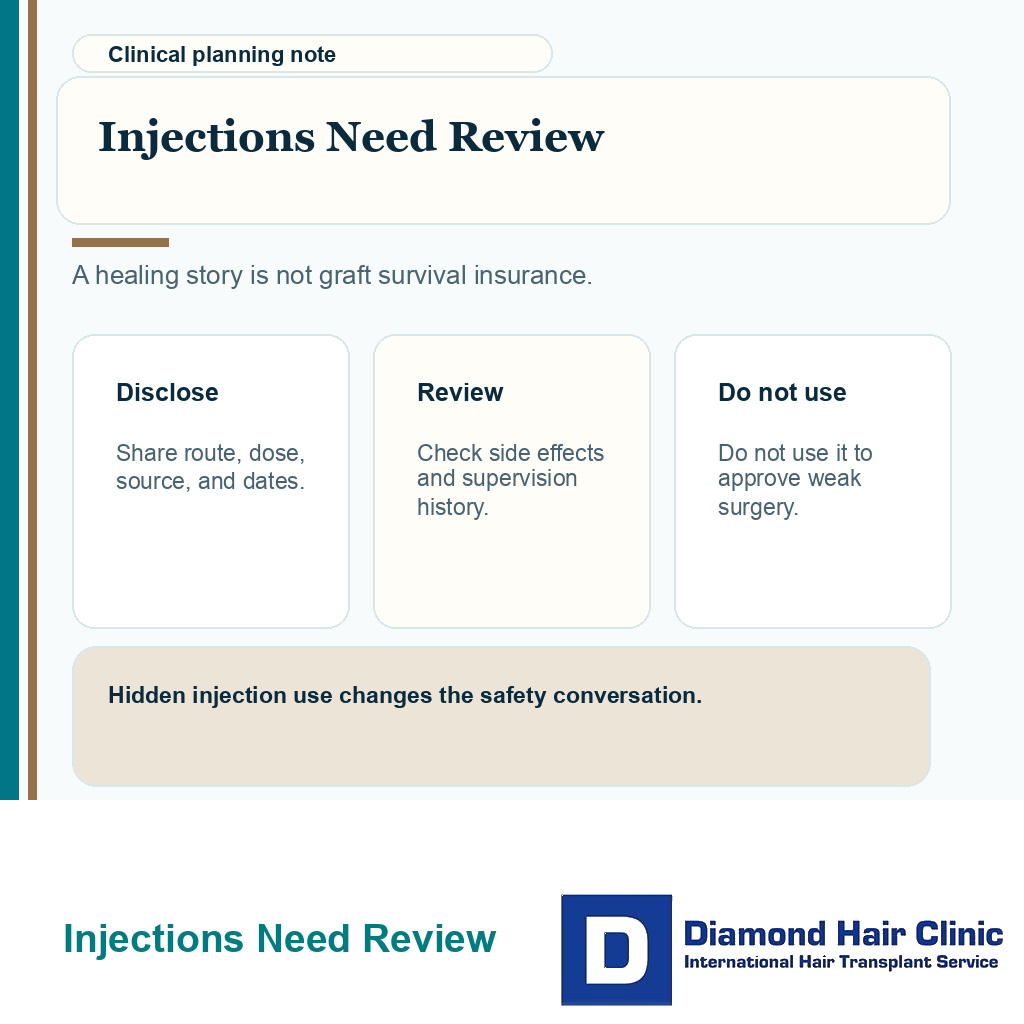 Carousel slide explaining that injectable hair growth peptides require disclosure and medical review before transplant planning.