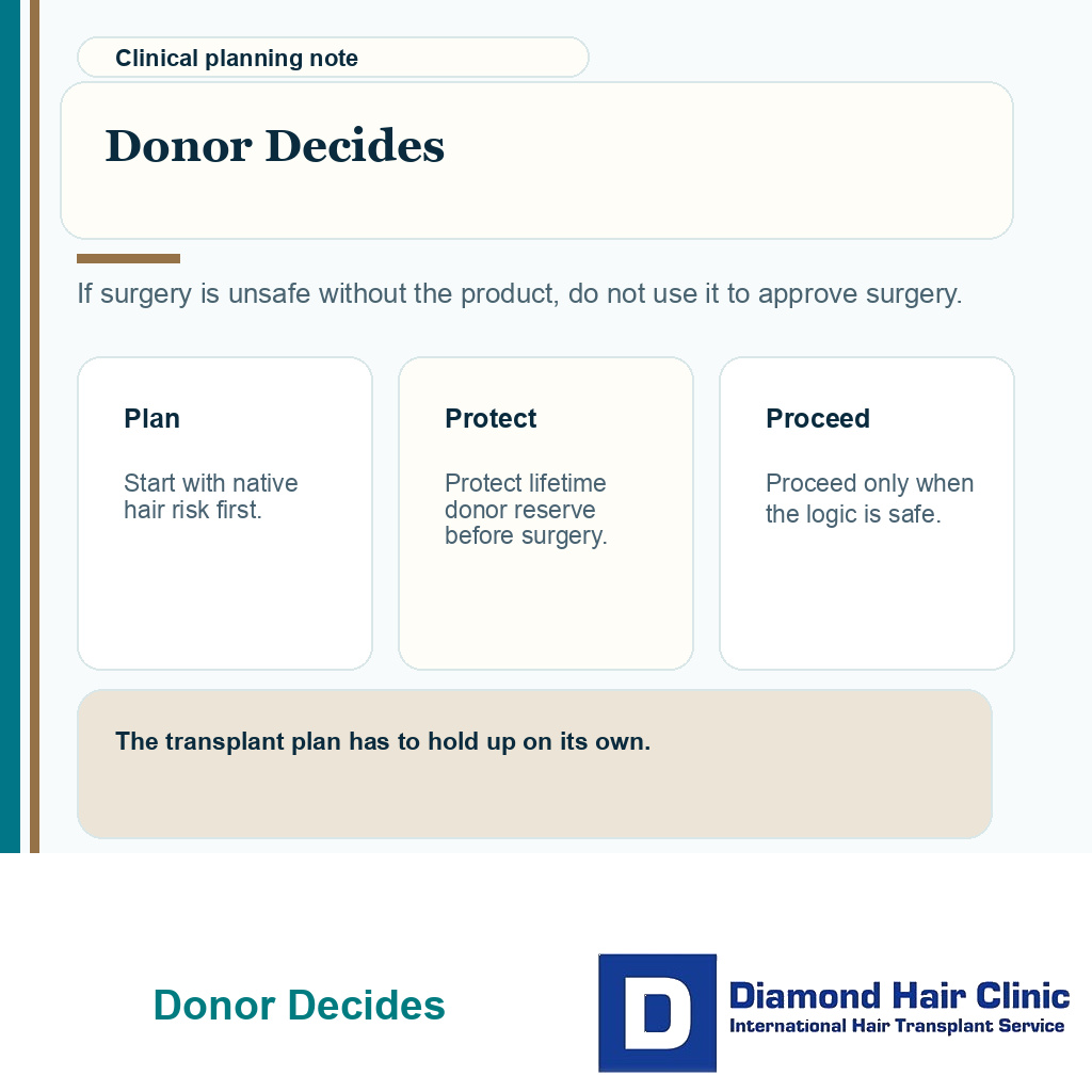 Carousel slide explaining that donor reserve still decides whether hair transplant surgery is safe.